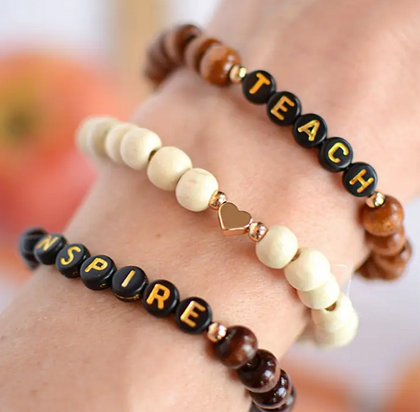 Teach Inspire Wood Bead Stretch Bracelet Heart Charm Stack