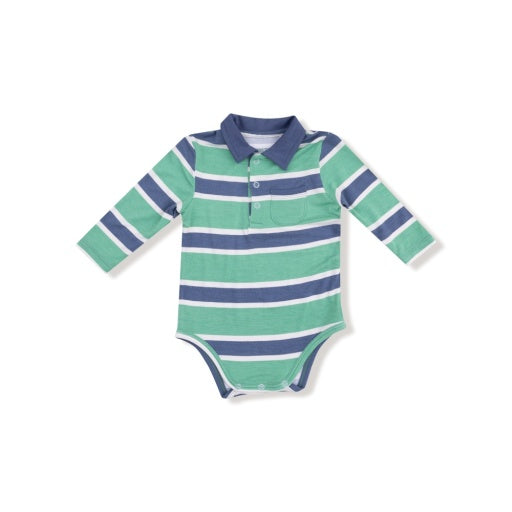 Rugby Stripe - Green and Navy - L/S Polo Bodysuit