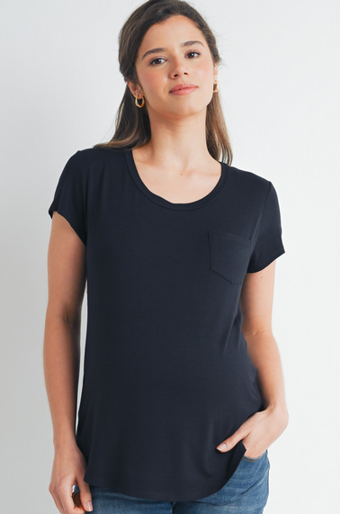 Nursing Friendly Scoop Neck Short Sleeve Pocket T-Shirt-Black