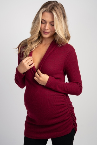 Maternity & Nursing Ribbed Faux Wrap Long Sleeve Top- Burgundy