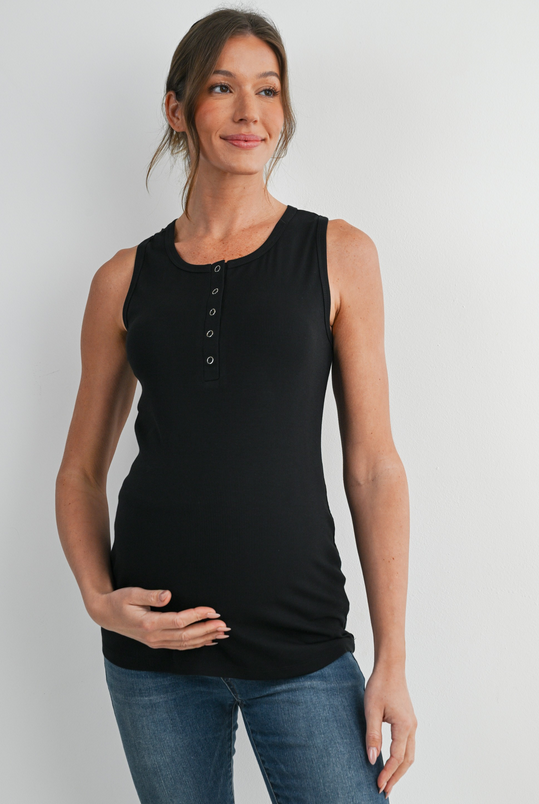 Ribbed Maternity Henley Tank Top - Black