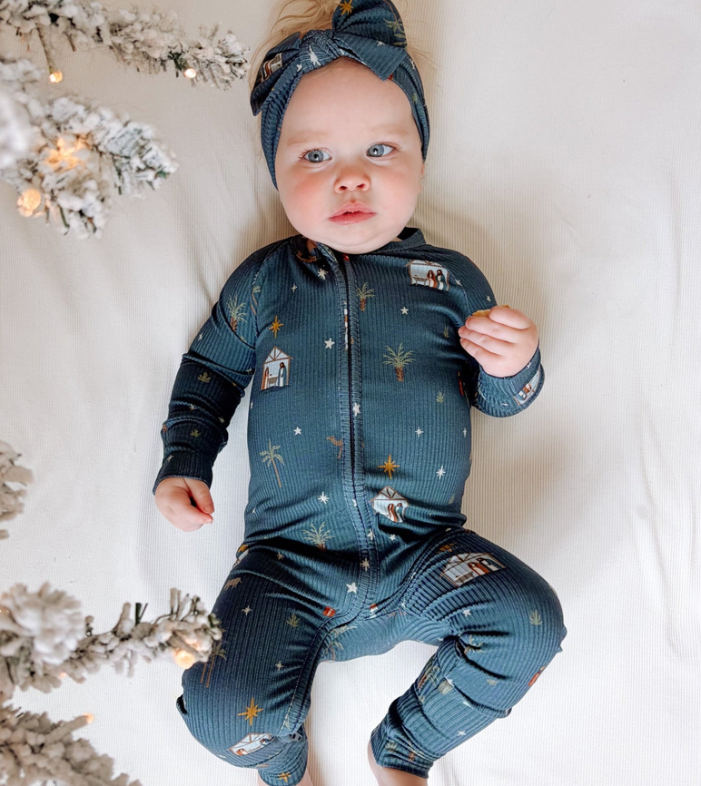 Nativity Blue Small Ribbed Zip Romper
