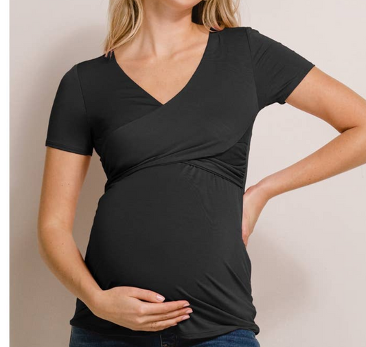 V-Neck Wrap Maternity/Nursing Top  - Black