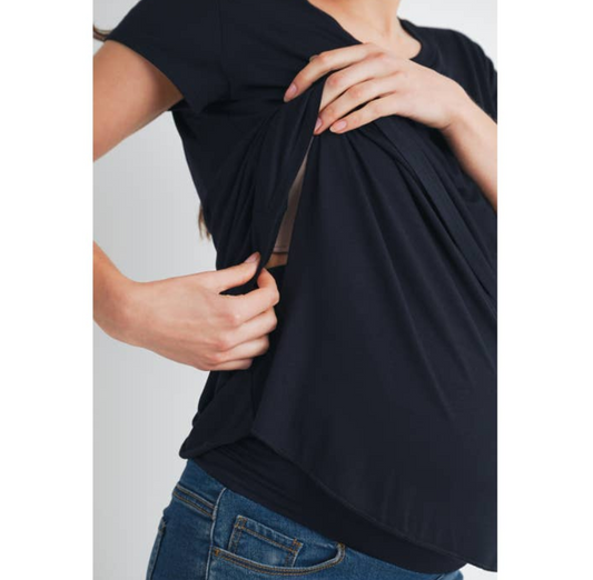 Nursing Friendly Scoop Neck Short Sleeve Pocket T-Shirt-Black