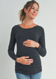 Black - Striped Round Neck Nursing Top with Button Detail