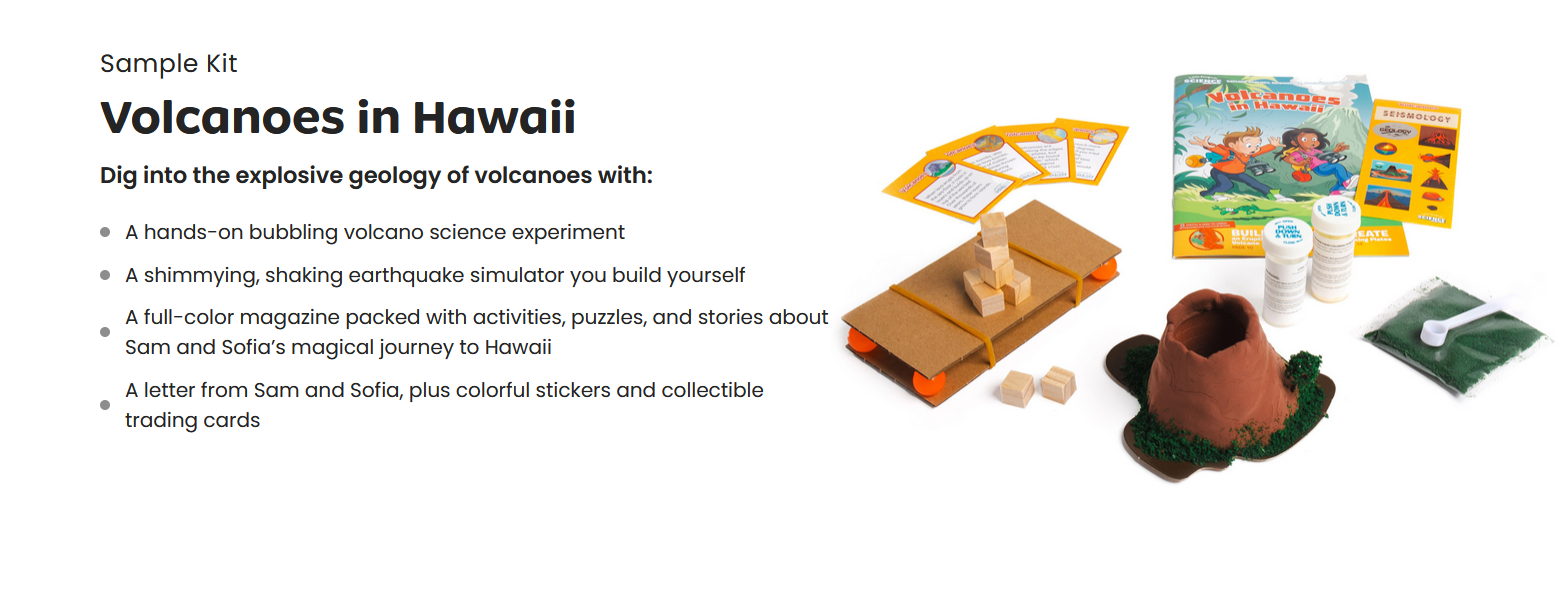 Volcanoes in Hawaii educational kit with volcano model, books, and other materials on a white background