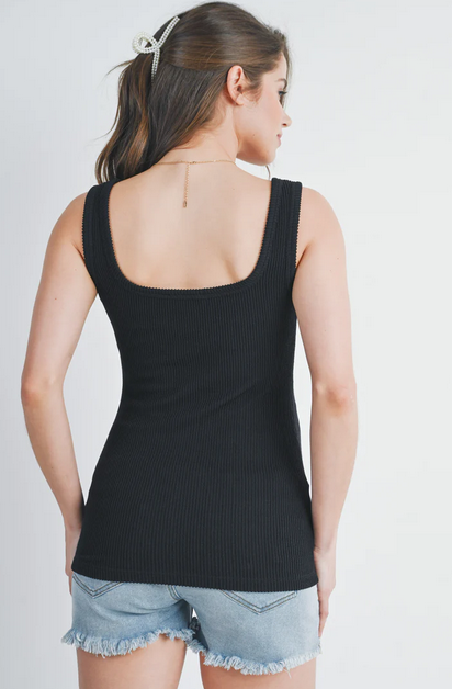 *Basic Ribbed Square Neck Mat. Tank  - Black