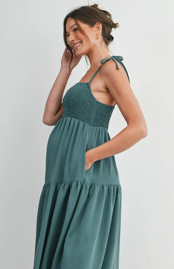 *Smocked Empire Waist Maternity Midi Dress with Tie Straps & Pockets Green