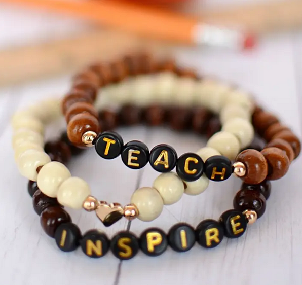 Teach Inspire Wood Bead Stretch Bracelet Heart Charm Stack