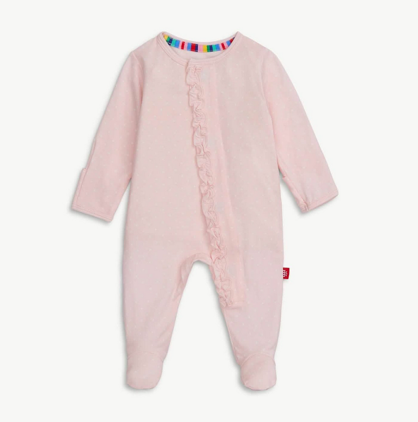 PIN DOT PINK RUFFLE PLACKET FOOTIE