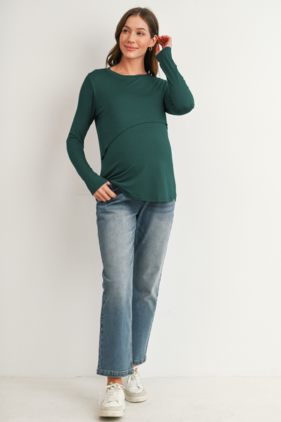 Long Sleeve Crew Neck Maternity Nursing Top-Green
