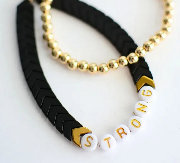 Strong Word Bead Black Gold Inspirational Bracelet Stack