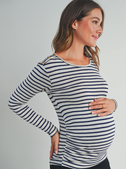 Stripe Round Neck Maternity Top with Button- Black