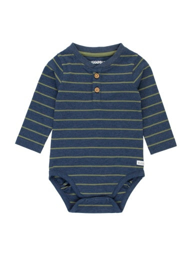 Knit Long Sleeve 2-Button Henley Bodysuit Navy Olive Stripe