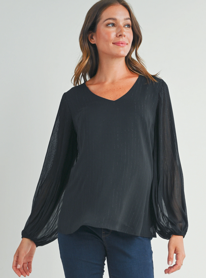 *Pleated Long Sleeve V-Neck Maternity Top