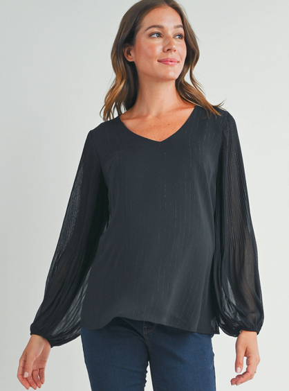 Pleated Long Sleeve V-Neck Maternity Top