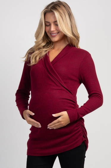 Maternity & Nursing Ribbed Faux Wrap Long Sleeve Top- Burgundy