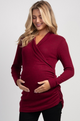 Maternity & Nursing Ribbed Faux Wrap Long Sleeve Top- Burgundy
