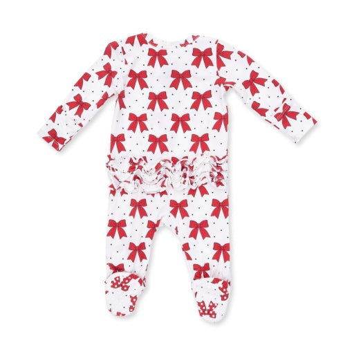 Festive Bows - 2 Way Ruffle Back Zipper Footie NB