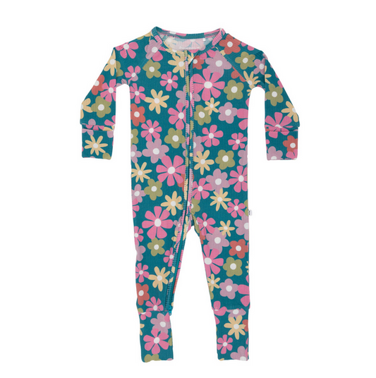 Retro Daisies Small Ribbed Zip Romper
