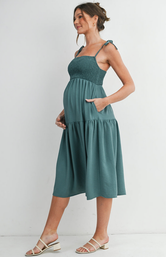 *Smocked Empire Waist Maternity Midi Dress with Tie Straps & Pockets Green