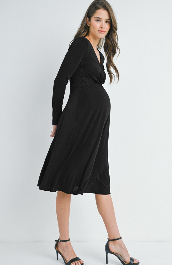 Long Sleeve V Neck Wrap Nursing Friendly Maternity Dress Black / X-Large Long Sleeve V Neck Wrap Nursing Friendly Maternity Dress Black / X-Large