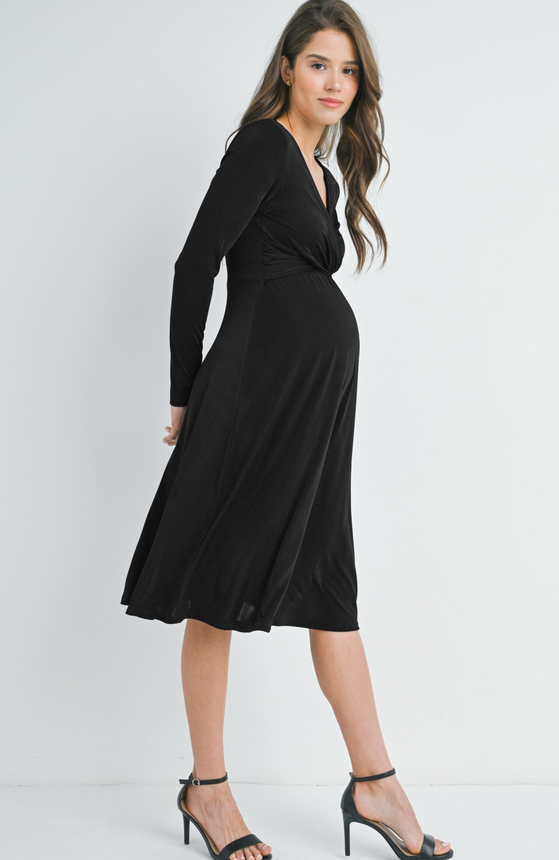 Surplice Long Sleeve Maternity Nursing Dress - Black