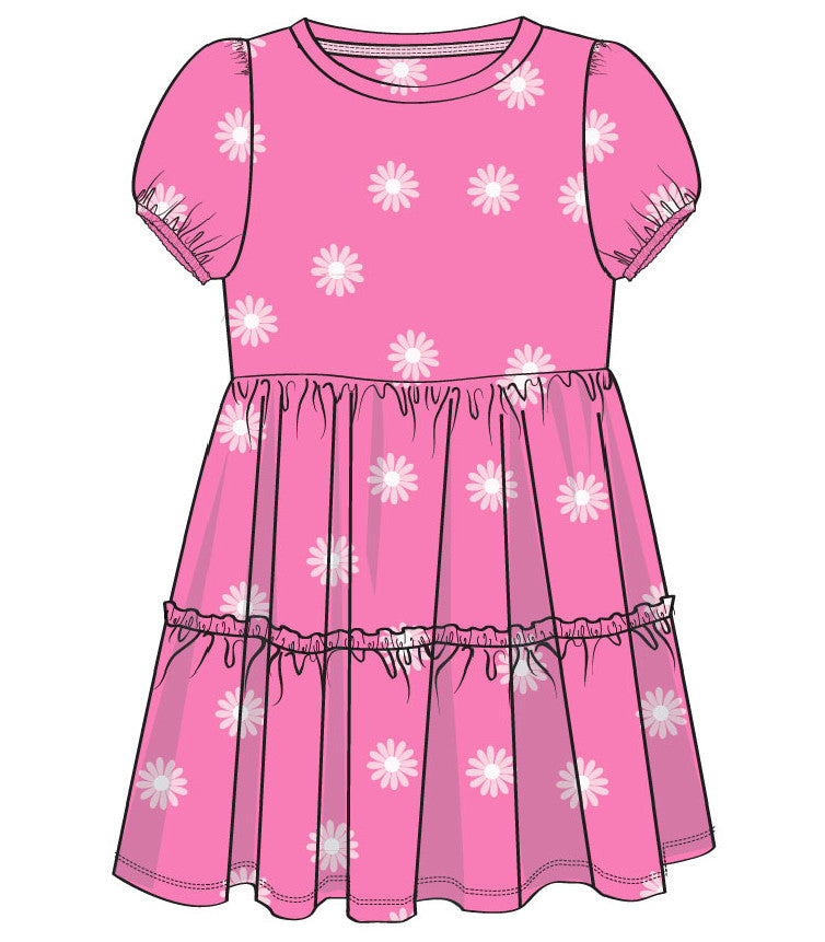 *Pink Flower Print Tiered Dress w/Ruffle