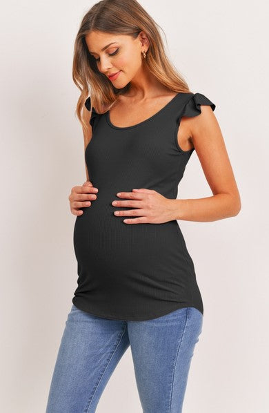 Eve Ruffle Sleeve Ribbed Maternity Top Black - Elegant Mommy