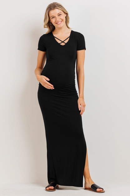 X-String Neck Ruched Maternity Maxi Dress Black - Elegant Mommy