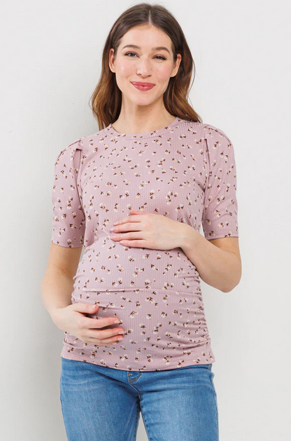 Gabby Puffed Ribbed Maternity Top Mauve - Elegant Mommy