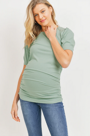 Shauna Stripe Puff Sleeve Ribbed Top- Sage - Elegant Mommy
