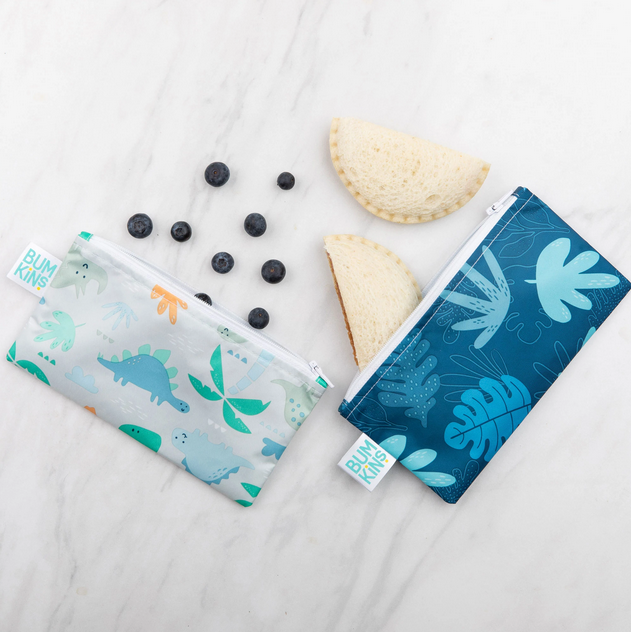 Reusable Snack Bag, Small 2-Pack- Dinosaurs & Blue Tropic - Elegant Mommy