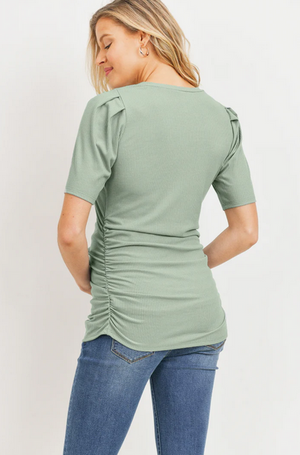 Shauna Stripe Puff Sleeve Ribbed Top- Sage - Elegant Mommy