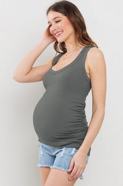 Basic Maternity Tank Top with Side Ruching - Olive - Elegant Mommy